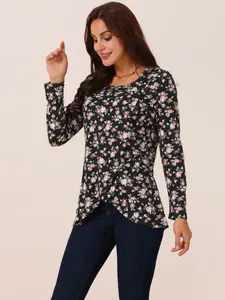 INSPIRE CHIC Crew Neck Long Sleeve Asymmetrical Hem Floral Casual Top
