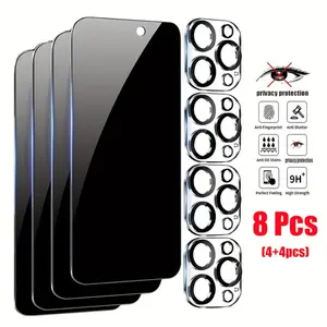 8pcs Privacy Protective Screen and Camera Lens Protector Set for Cellphone iPhone 11/12/13/14/15/16 Pro Max, 9H Tempered Glass with Anti-Spy Protection, Oleophobic Nano-Coating, Full Coverage, Fingerprint Resistant