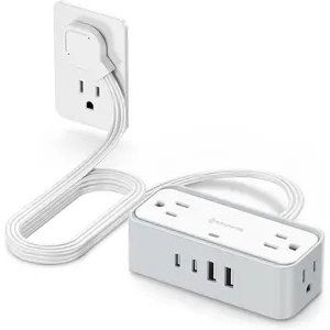 Surge Protector Power Strip,  4 AC 4 USB Power Strip, Flat Plug Outlet Extender, 5Ft Extension Cord, Wall Mount Desk  for  Office, White & Gray