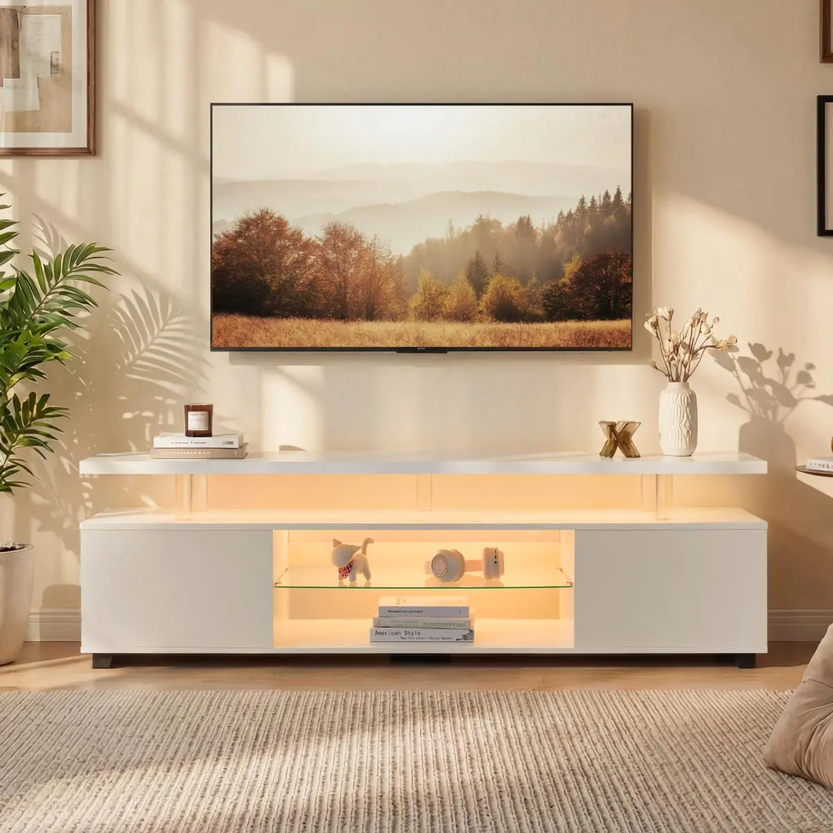 White LED Modern TV Stand - 70-Inch TV Compatible Gaming Entertainment Center with Cable Management, Large Side Cabinet Storage for Living Room, Tv Stand Living Room