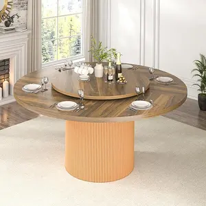 55” Round Dining Table with 360° Lazy Susan, 4-6 Person Space-Saving Kitchen Table for Small Spaces, Waterproof Sturdy Dining Table for Apartment Breakfast Nook
