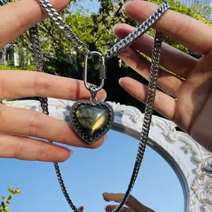 Cuban Paper Clip Thick Silver Color Chain Necklace Elegant Crystal Necklace with Fluorite Labradorite Amethyst Rose Quartz Opal Goldstone Tiger's Eye for Everyday Wear or Perfect Gift Stainless Steel 20‘’