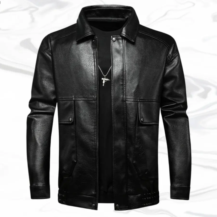 Men's Solid Biker Style Leather Coats, Fur & Faux Fur Jacket for Outerwear with a Studded Hem and Zipper Closure, Menswear, Long Sleeve, Casual, Plain, Woven, Classic, Pull-On, Fashion, Chic