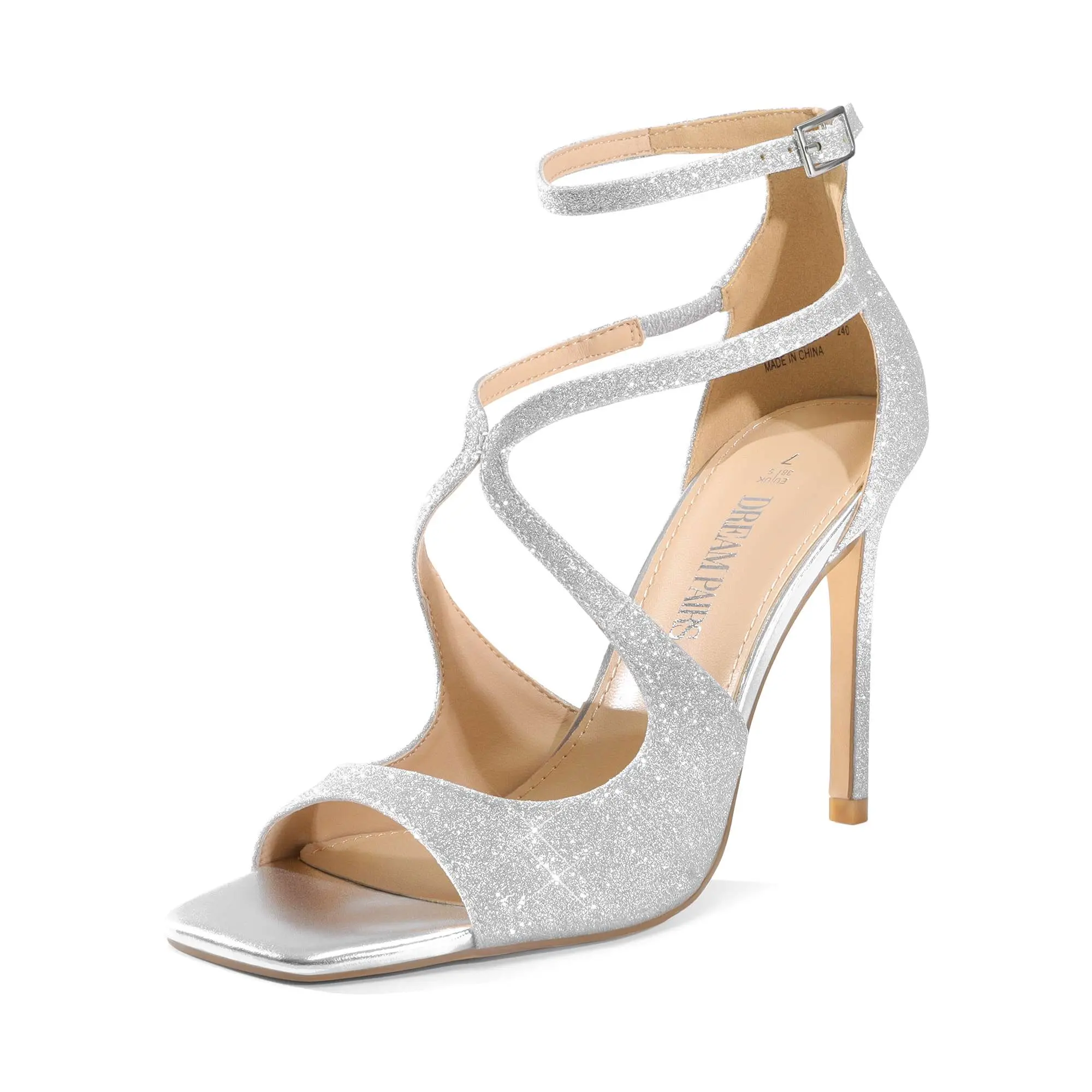 Dream Pairs Women's Satin Stiletto Sandals, Elegant Cross-Strappy Comfortable Heels with Vegan Leather Lining, Open Toe Party Footwear, Wedding, Formal, Breathable, Cute, Glitter Fabric, Heels For Women, Silver-Glitter, Design, Shoe, Soft, 3.94 In, Latex,
