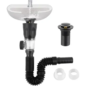 Bathroom Sink Drain Kit, Flexible P-Trap Drain Pipe with Pop Up Stopper, Expandable Bathroom Sink Pipe Replacement with 2 Adapters, Fits 1-1/4'', 1-1/2'', 2" Holes, Hair Catcher, Black