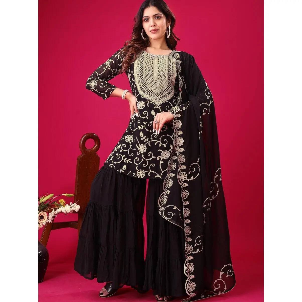 NEW ARRIVAL GEORGETTE EMBROIDERY WORK TOP SHARARA WITH DUPATTA BLACK
