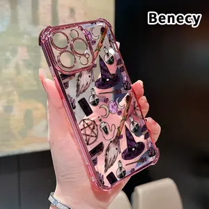 Electroplated Four Corner Anti-Fall Witchy Magic Icons Pattern Phone Case for iPhone 16 Pro Max 15 Plus 14 13 12 11 E Shockproof Transparent Protective Cover