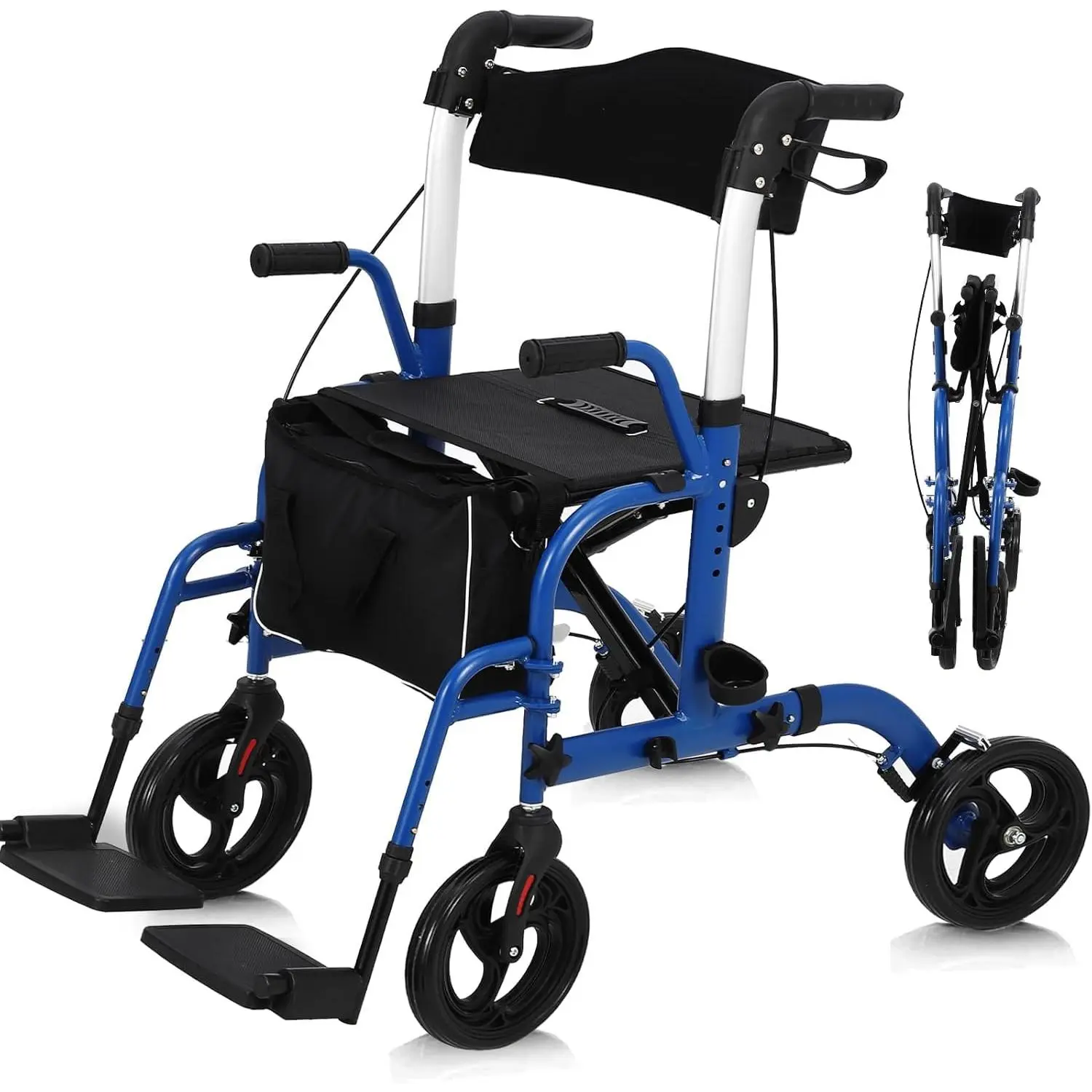 2-in-1 Rollator Walker & Wheelchair for Seniors – Lightweight collapsible Mobility Aid, Adjustable Height, Brakes, Seat, 12" All-Terrain Rubber Wheels, Backrest, Footrest, Heavy Duty, 300 lb Capacity