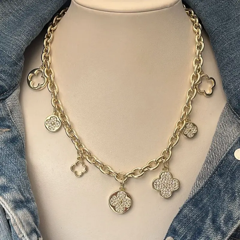 Caroline Charm Clover 14k Gold Plated Necklace and Bracelet Jewelry Set with Elegant Clover Charms