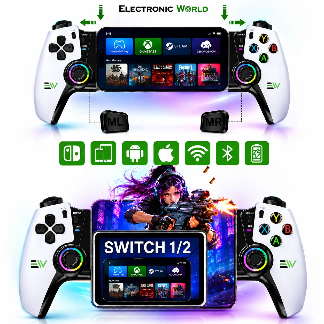 Ergonomic Rechargeable Wireless Gaming Joystick Controller - Bluetooth Game Stick Controllers with Stable Connection, Accessories for Android, iPhone 15/16 Series, iPad Mini USB-C, Switch 1/2, Plug & Play Cloud Gaming
