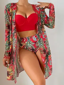 Women's Swimsuit Set, Boho Plain Push Up Swim Bra & High Waist Ruched Swim Panty & Cover Up Bikini Sets, Summer Beach Swimwear, Floral Print Swimsuits, Bandeau Bikini Top, Floral Tropical Bikini, Flower Print Bikini, Tropical Print Bikinis