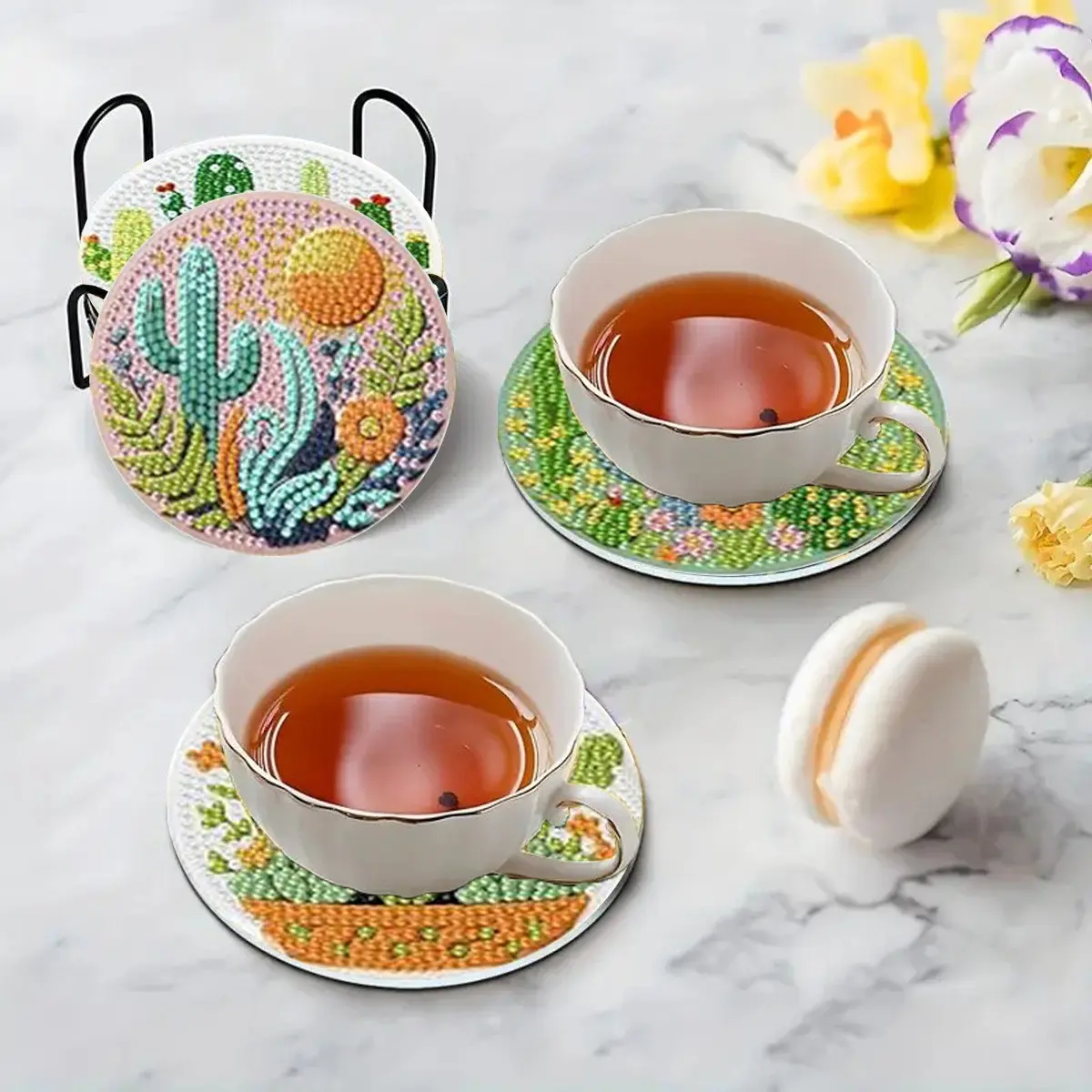 8-Piece Diamond Art Coasters, Cactus Succulent Design with Stand, DIY Desert Plant Cat Theme, Non-Slip Heat-Resistant, Home Kitchen Bohemian Style