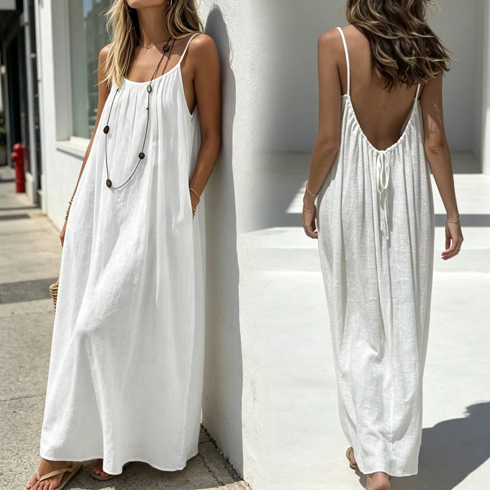 NEW Women Solid Color Backless Cami Dress, Womens Casual Sleeveless Dress for Summer, Ladies Clothes for Beach Holiday Vacation