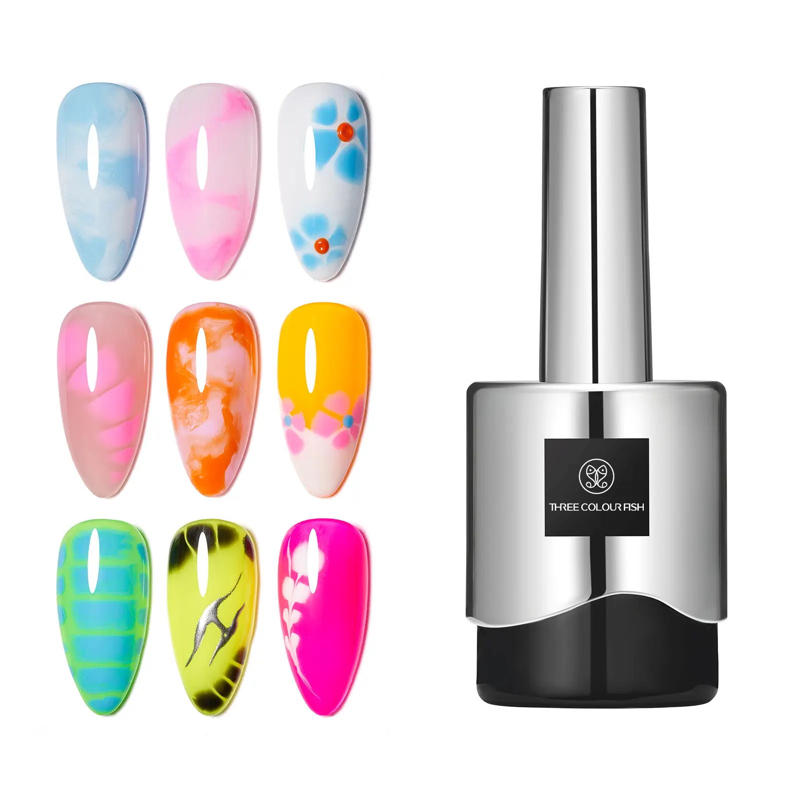 3-Colour Fish 12ml Blooming Gel, UV LED Soak-Off Nail Art Polish for Stripe Spreading Effect, Salon Manicure Nail Care Cosmetic for DIY Marble Flower Watercolor Designs, Beauty Gift