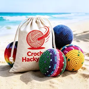 Handmade Crochet Hacky Sack,Multicolor Geometric Footbag,Crochet Hacky Sack + Cotton and Linen Pouch,Kick Ball for Stress Relief/Outdoor Fun
