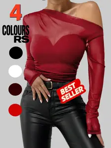 Women's Sexy Sheer Mesh Patchwork Asymmetrical Shoulder Long Sleeve Slim Fit T-Shirt, Stylish Casual Top for Daily Wear Spring
