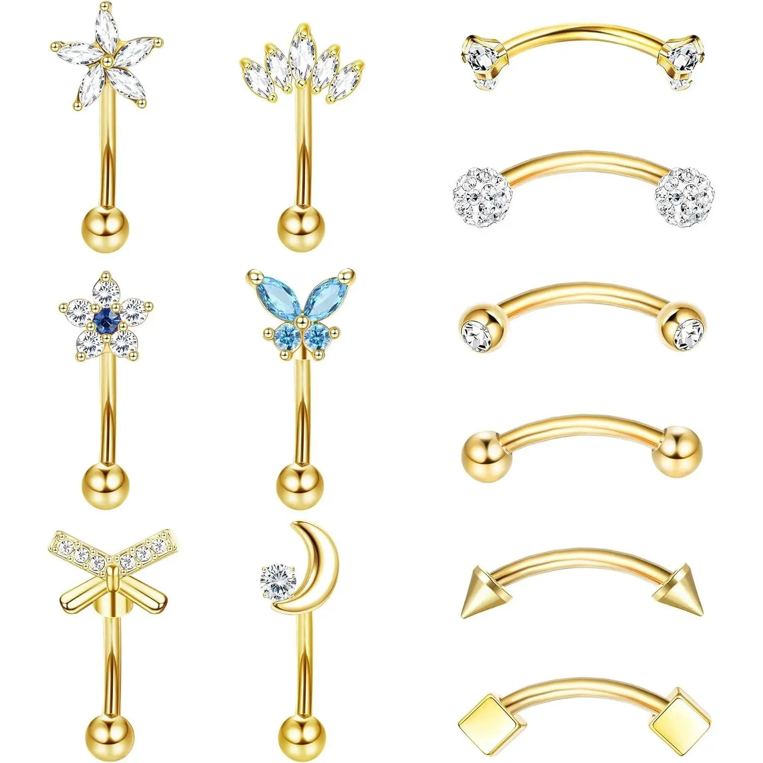 YADOCA 12Pcs 16G Stainless Steel Female Body Adornments Set - Christmas Cute Rook, Daith Earrings, Eyebrow Piercing, Curved Barbells, 6mm/8mm Belly & Lip Piercing Pieces with Gold Plating, Artificial Zircon, Geometric Design for Casual Wear, Sisters