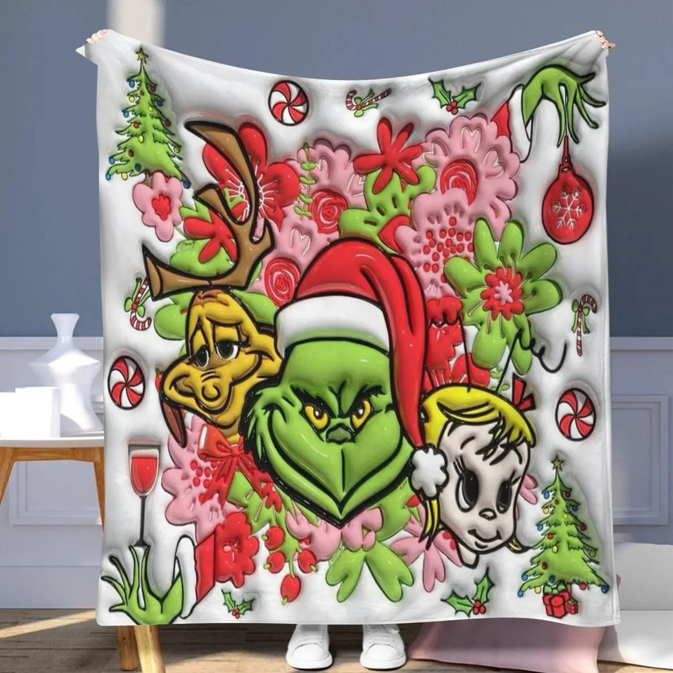 The Grinch Pattern Blanket, Soft Comfortable Throw Blanket, Cool Bedroom Bedding Blankets, Warm Napping Blanket for Home Office Travel