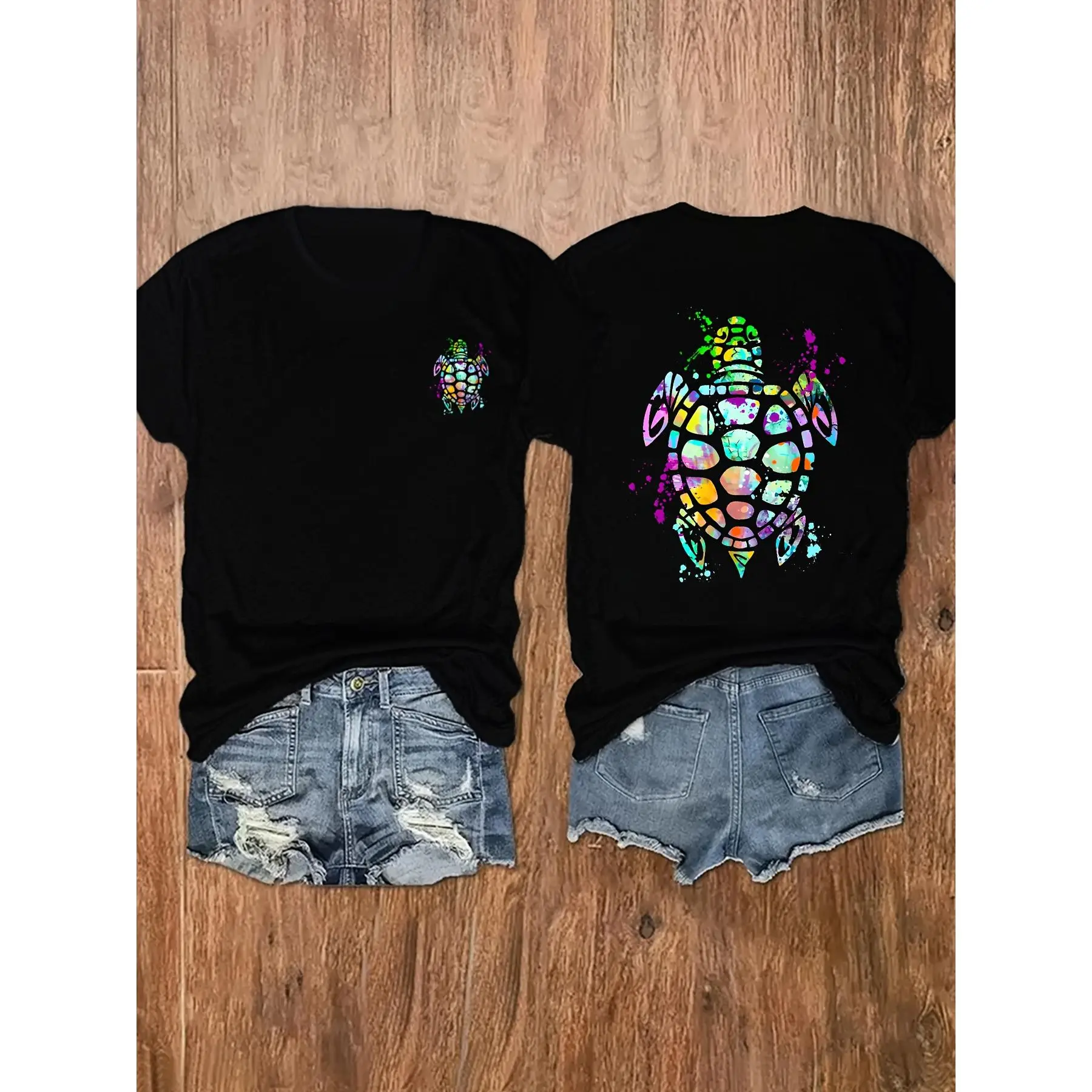 Women's Large Turtle Pattern T-shirt - Casual Round Neck, Short Sleeve, Soft Cotton, Machine Washable