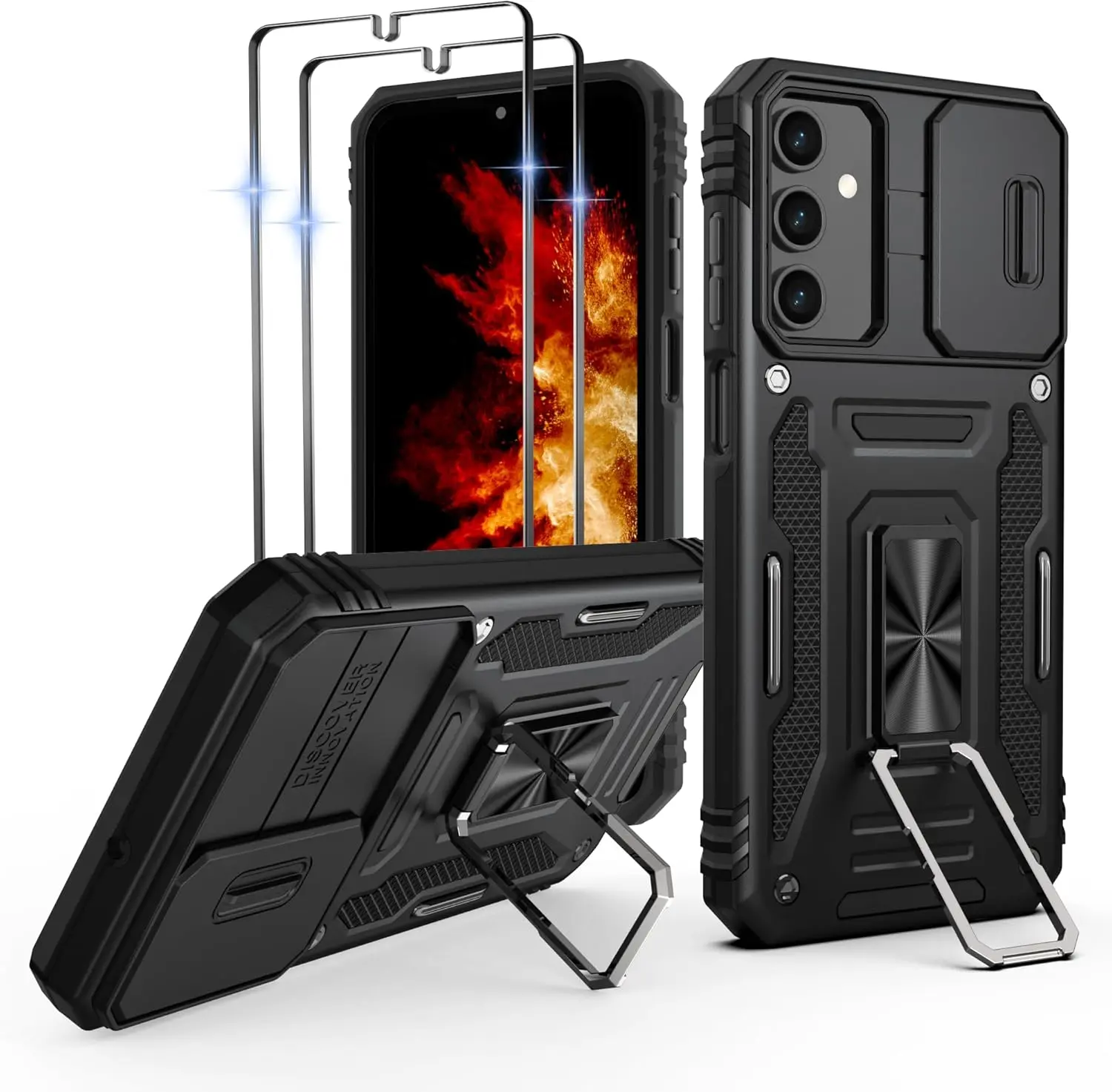 Samsung Galaxy A15 5G Smartphone Case - Polycarbonate & Metal Rotatable Kickstand, Slide Camera Cover, Heavy-Duty Shockproof Full-Body Rugged Cover with 2 Pack Screen Protectors