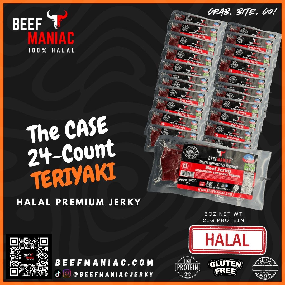 Halal Beef Jerky Case 24-Count Teriyaki Fusion by Beef Maniac | Natural Hardwood Smoked Premium Jerky Made in Michigan