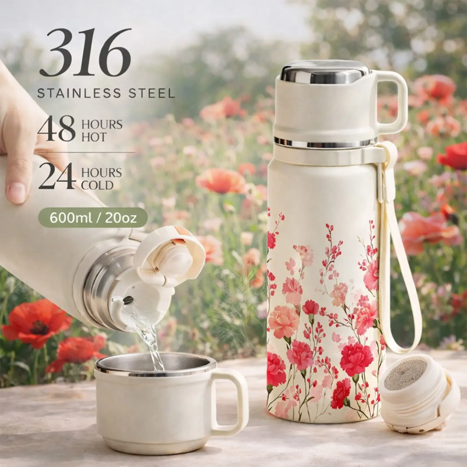 1 Pc insulated mug, 20oz thermal cup, Leakproof tumbler, double wall vacuum cup, leak proof travel mug with handle, keeps hot 12 hours cold 24 hours, portable bottle for coffee tea drinks, Mothers Day gift picnic office daily use, Insulated Drinkware