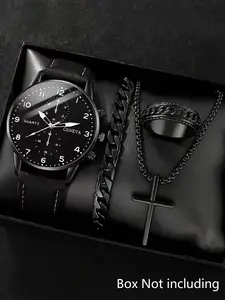 Men's Fashion Quartz Watch, with Necklace, Ring & Bracelet, PU Band Business Style Watch set, Jewelry Watch Set, Fashionable Watch Set As Gift for All Occasions