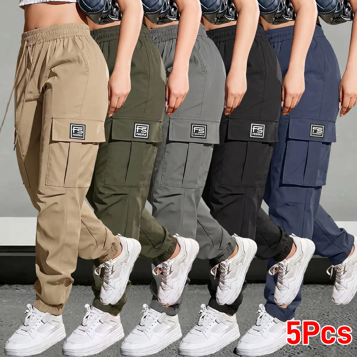 Set of 5 women’s cargo pants: loose casual high-waisted wide-leg pants; all-season woven fabric; long solid-color design; suitable for everyday commuting and vacations; women’s wide-leg casual pants; drawstring low-rise wide-leg harem pants; pockets inclu