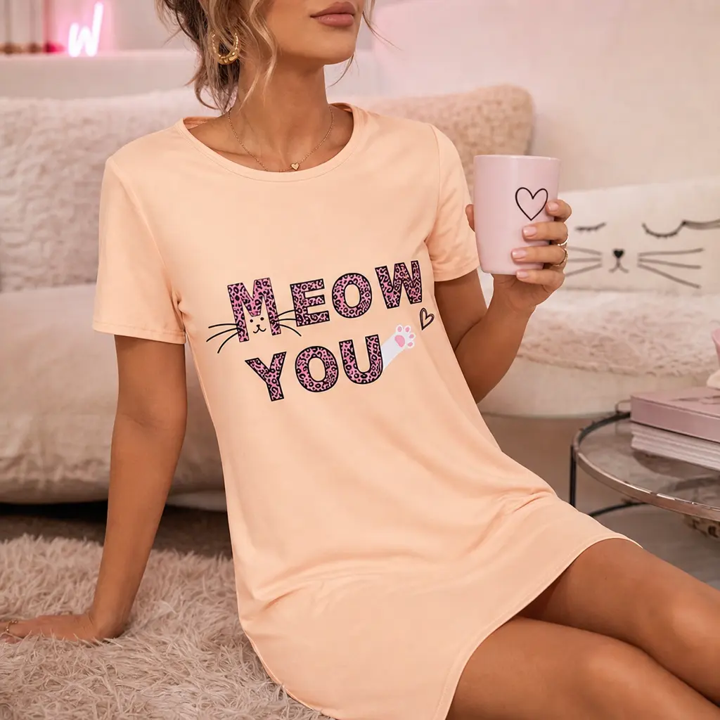 Womens Cartoon Animal Print Nightgown Short Sleeve Crew Neck Sleep Shirt Loose Night Dress Loungewear Back To School Season Gift For Women Girls