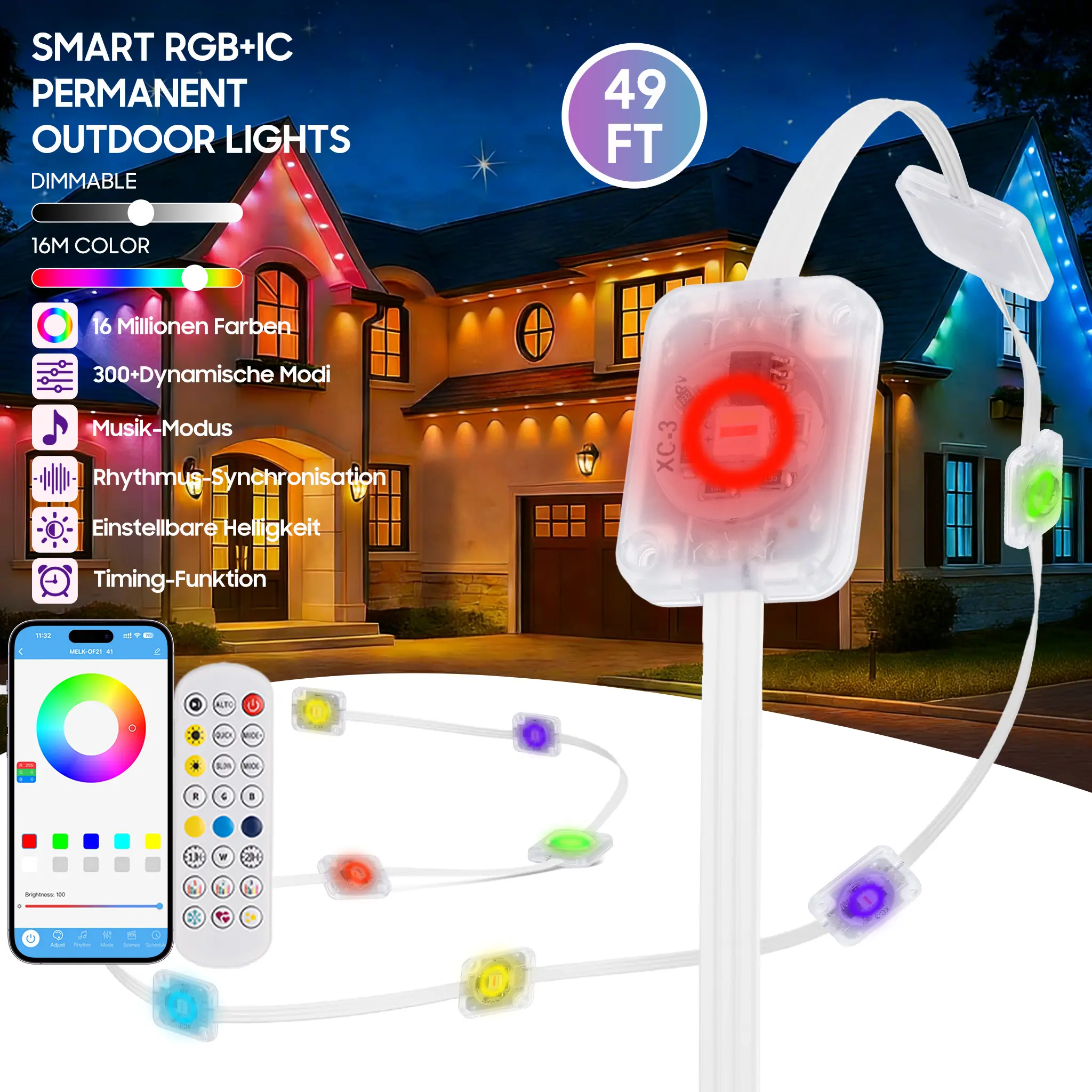 Permanent RGB+IC Smart Outdoor House Lights, 49 ft Adjustable LEDs, Dimmable RGB Light, App/Remote Control, 50 Scene Modes, Color Changing, Anti-UV Materials, IP67/IP68, Festive Christmas Decor