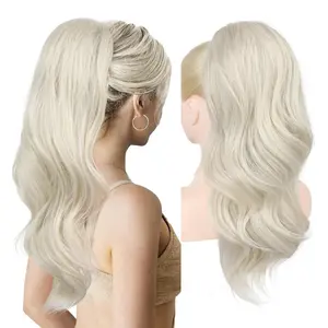 Drawstring Ponytail Extension Long Wavy Layered Pony Tails Hair Extensions 22inch Natural Fake Ponytail Clip in Synthetic Hairpiece for Women, Platinum Blonde