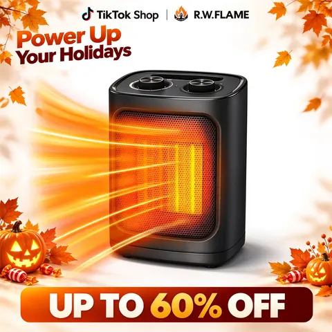 R.W.FLAME Compact and Efficient Indoor PTC Ceramic Heater - 1500W/950W, 3 Modes, Instant Heating, Heat Safe, Adjustable Temp, Thermostat, Silent, 9.13"x6.89"x5.24"/9.65*7.09*6.5in, Overheat/Tip Protectors, Portable, US Plug, for Bedroom, Office