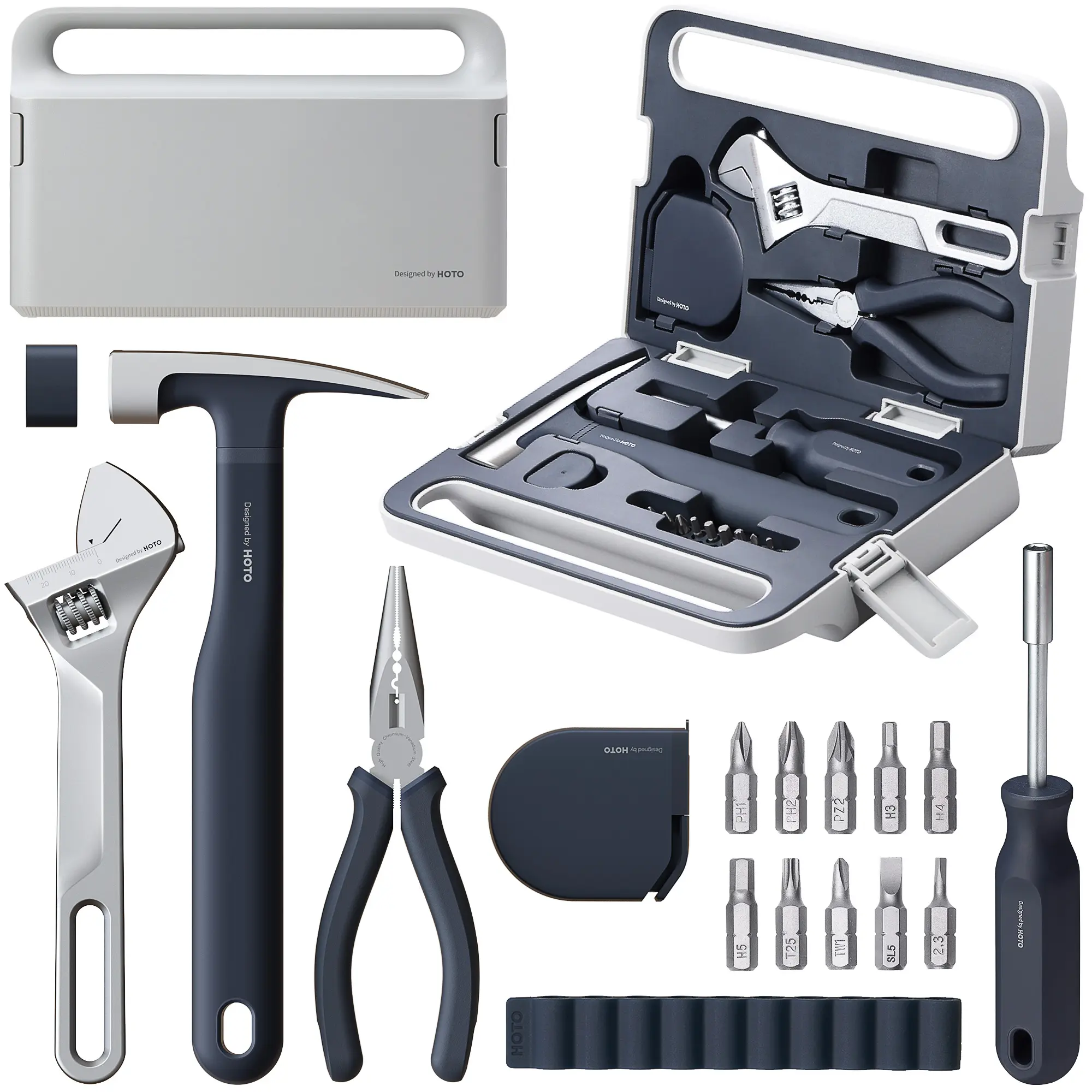 HOTO 16-Piece Minimalist Hand Tools Kit with Storage Box - Durable Hand Tools Kits with Durability, Includes Pliers, Screwdriver Bits, Screwdrivers, Wrenches, Hammer, Tape Measure - Ideal for DIY Maintenance, Household Repair, Father's Day Gift, Reliable