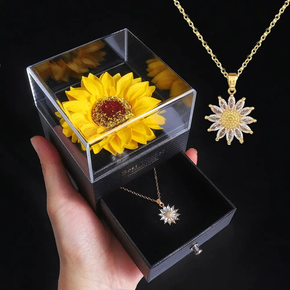 Valentine's Day Sunflower Design Necklace & Gift Box Set As Gifts, 1 Set Summer Artificial Sunflower Gift Box for Girlfriend Wife, Room Decor, Bedroom Decor, Gifts for Girlfriend, Gifts for Her, Birthday Gift Jewelry