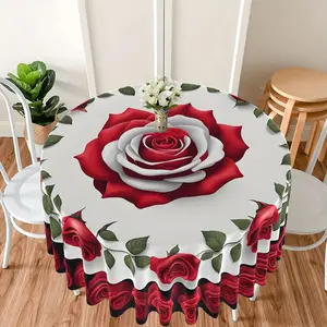 EastJia 1pc Round Elegant Valentine's Day Tablecloth - Red & White Rose Petal Design, Durable, Easy to Clean, Perfect for Party Dining & Home Decor, Machine-Made, Ideal for Valentine's Day Celebrations Patio Outdoor Furniture