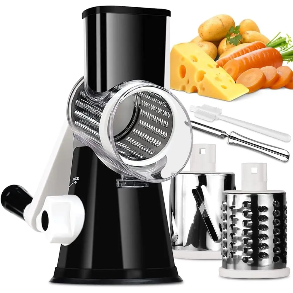 Rotary Cheese Grater Vegetable Shredder with Handle Round Kitchen Mandoline Slicer Grater for Nuts, Vegetable, , Chesse - Black - 3 Replaceabe Stainless Steel