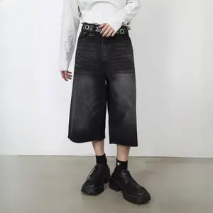 Unisex Mid-Thigh Denim Shorts - Wide Leg Distressed Jean Cutoffs (Stretch Comfort Fit)