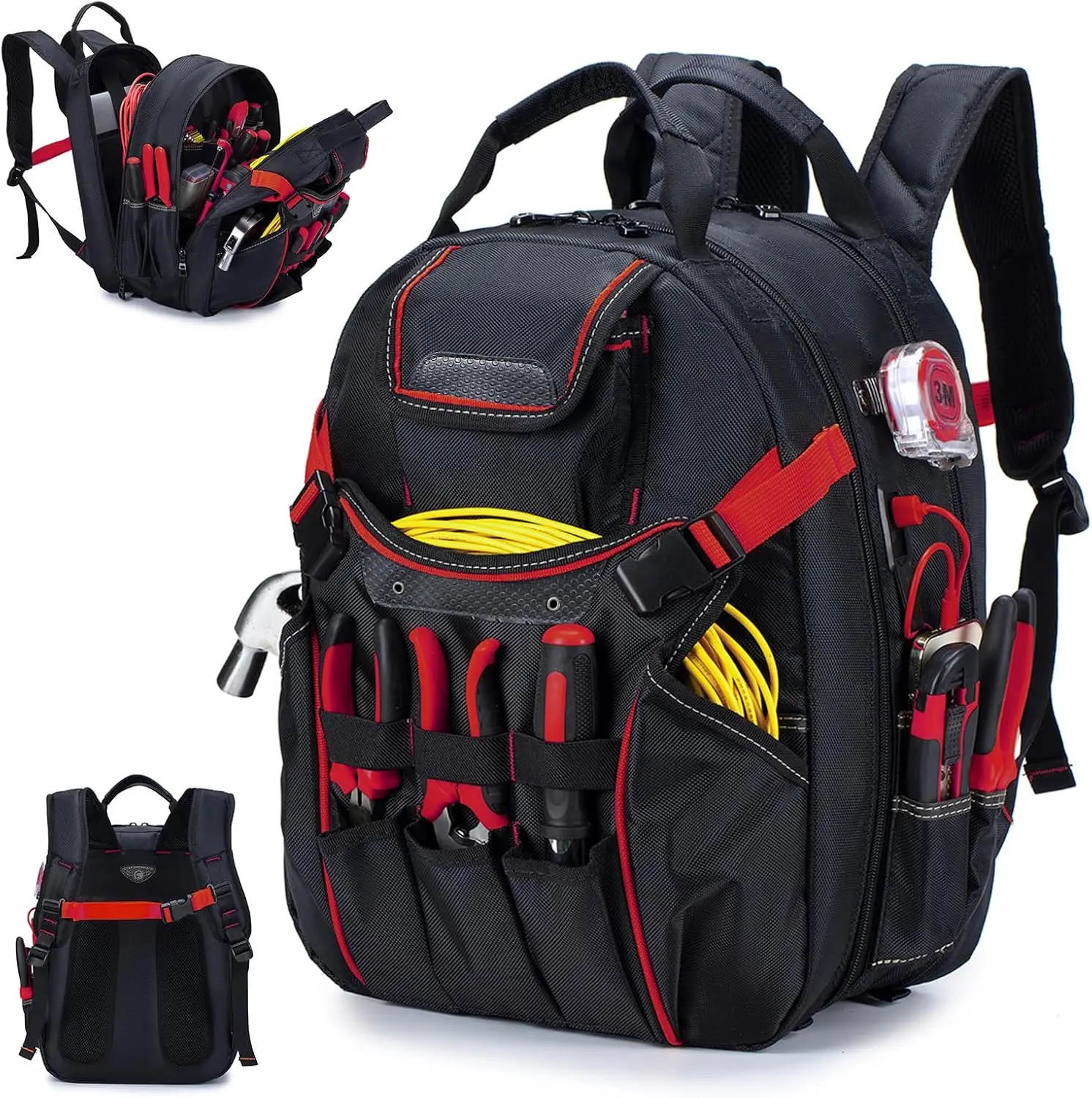 52 Pockets Tool Bag Backpack for Men Tool Backpack Heavy Duty Storage Organization Tool Bags Heavy Duty with  Molded Base for Electrician, Repairman Industrial & Construction Work, Red