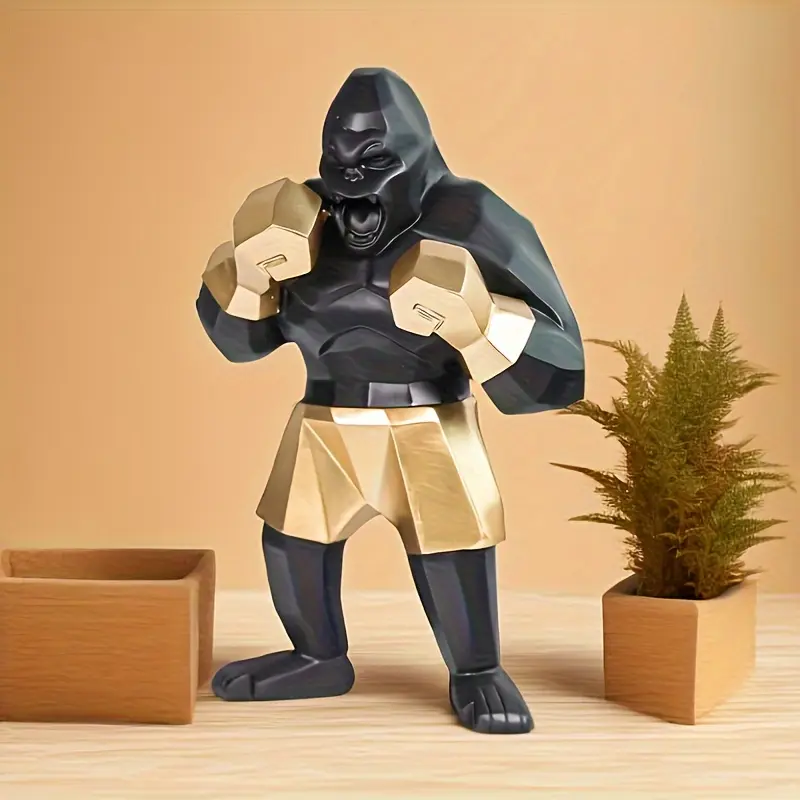1pc Modern Resin Sculpture, Boxing Gorilla Figurine, Animal Character Statue, Living Room Accent, Sports Enthusiast Collectible, Home Decor Ornaments Golden
