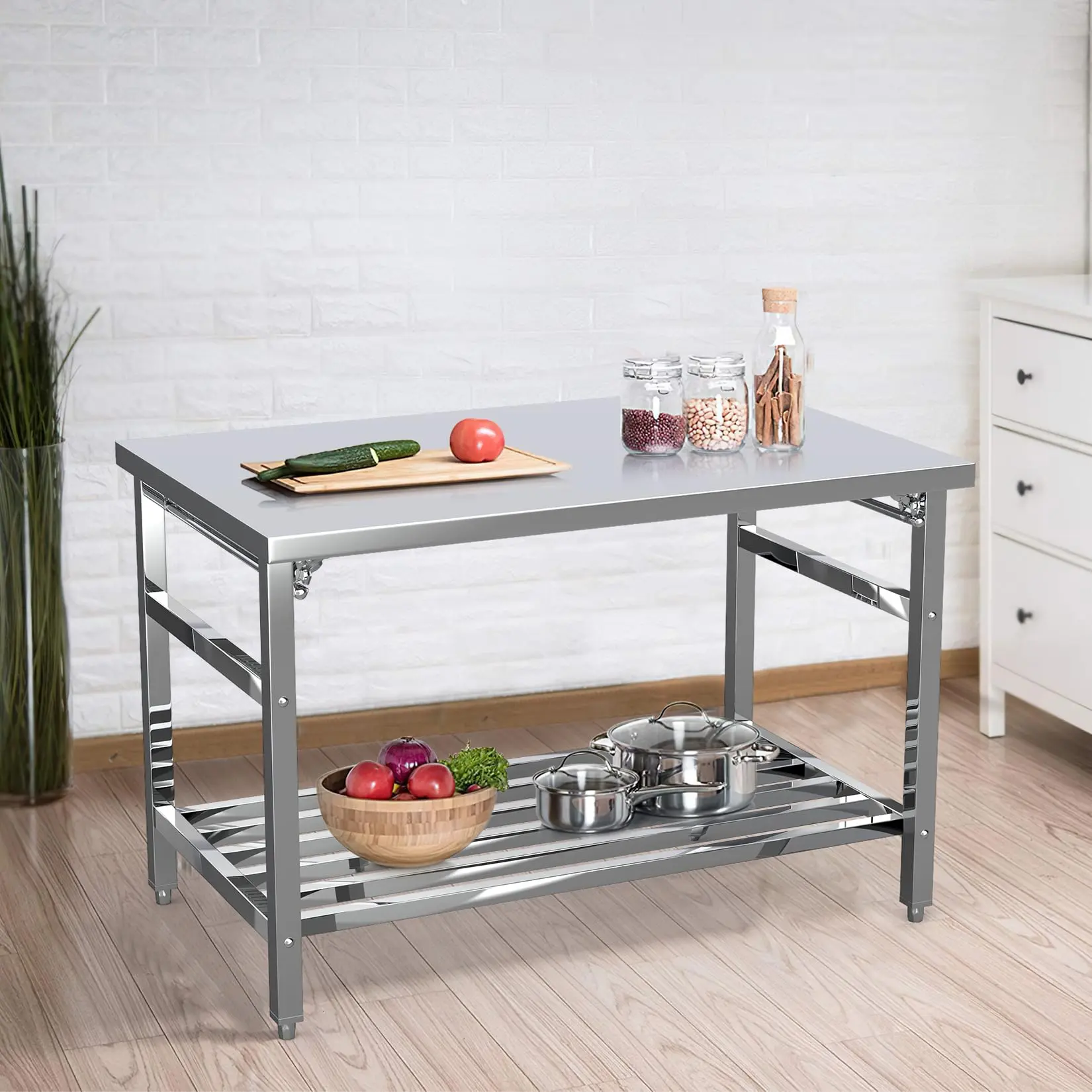 GARVEE 48 x 30 Inch Stainless Steel Commercial Prep Table with Adjustable Undershelf, Heavy Duty Folding Kitchen Island for Restaurant Kitchen and Laundry Workstations