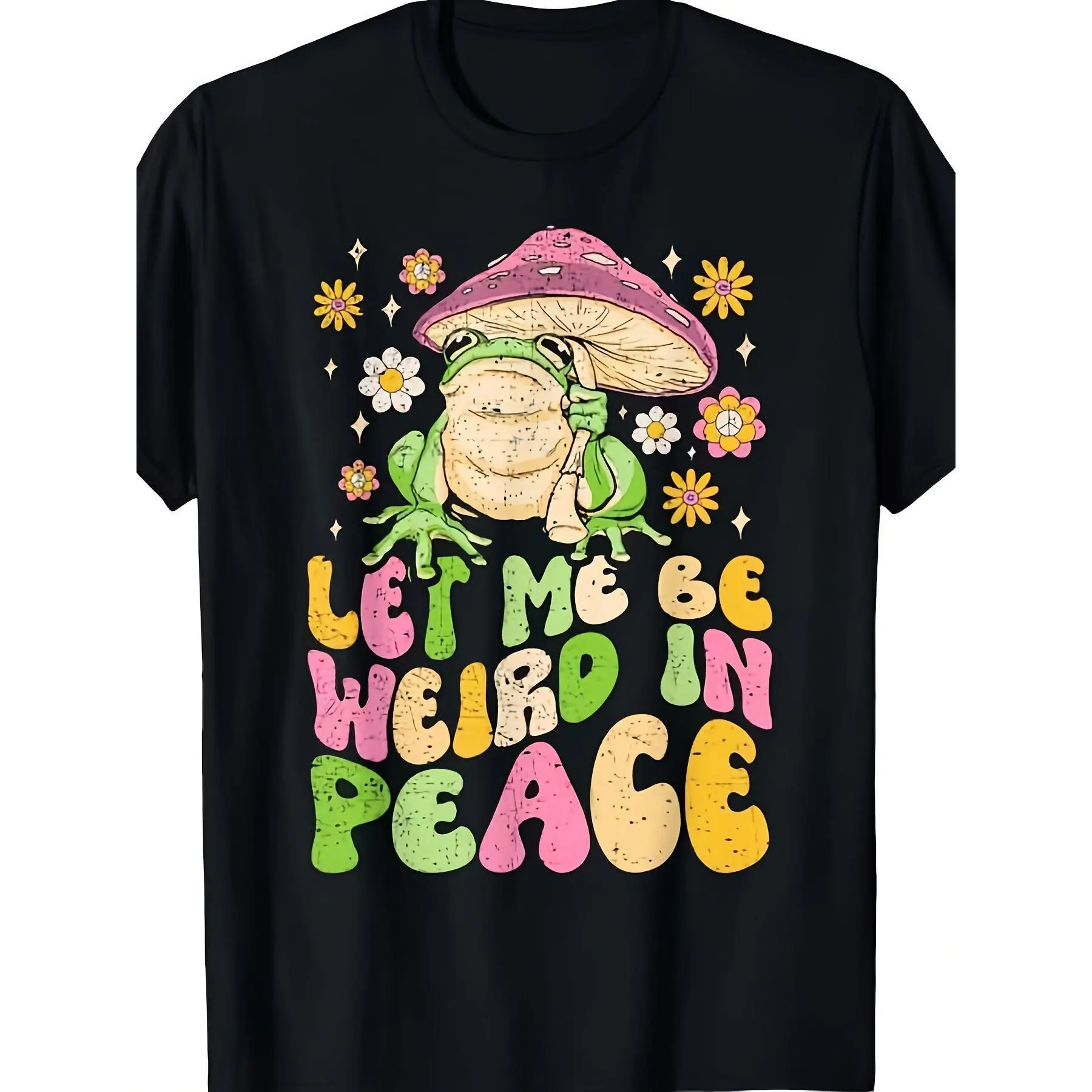 Men's  Soft Cotton Round Neck Vintage Short-Sleeve Tshirt - Goblincore Whimsical Frog & Mushroom Graphic Top, Breathable Multicolor Print, Casual All-Season Layer, Plus Size Retro Tee, Streetwear, Fashion, Fabric, T-Shirt, Shortsleeve, Stylish