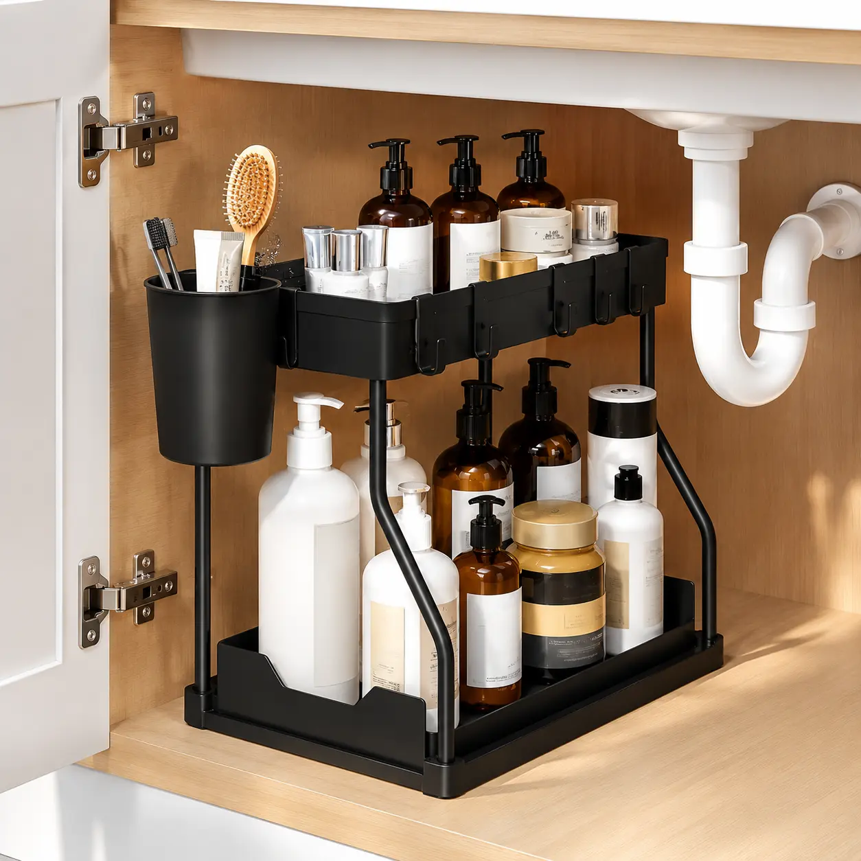 White 2-Tier Undersink Metal Pull-Out Organizer with Sliding Drawers - 1 Pack Durable 40 lbs Capacity Unit with 2-Tier Shelving & Storage, Adjustable Drawers and Shelves for Kitchen, Bathroom, Drawers And Shelves Shelving & Storage