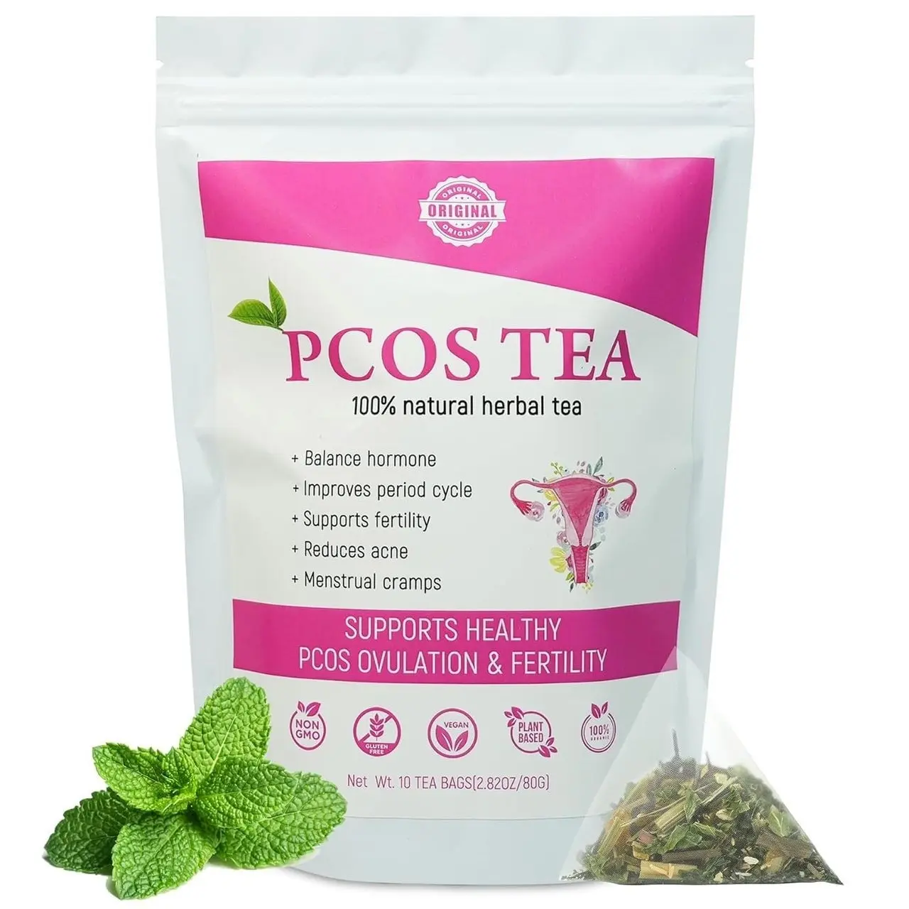 Laicuherb PCOS Spearmint Tea, for Women Hormone Balance & Promote Relaxation and Helps with Hirsutism and Acne, 10 Tea Bags Organic Spearmint Tea for Healthy Ovulation and Fertility