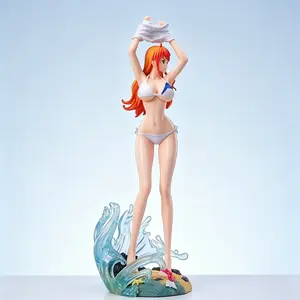 One Piece Nami Swimsuit Figure, Classic Sexy Beach Pose, Bikini with Letter Print, Hair, Tattoo Details, Transparent Wave Effect