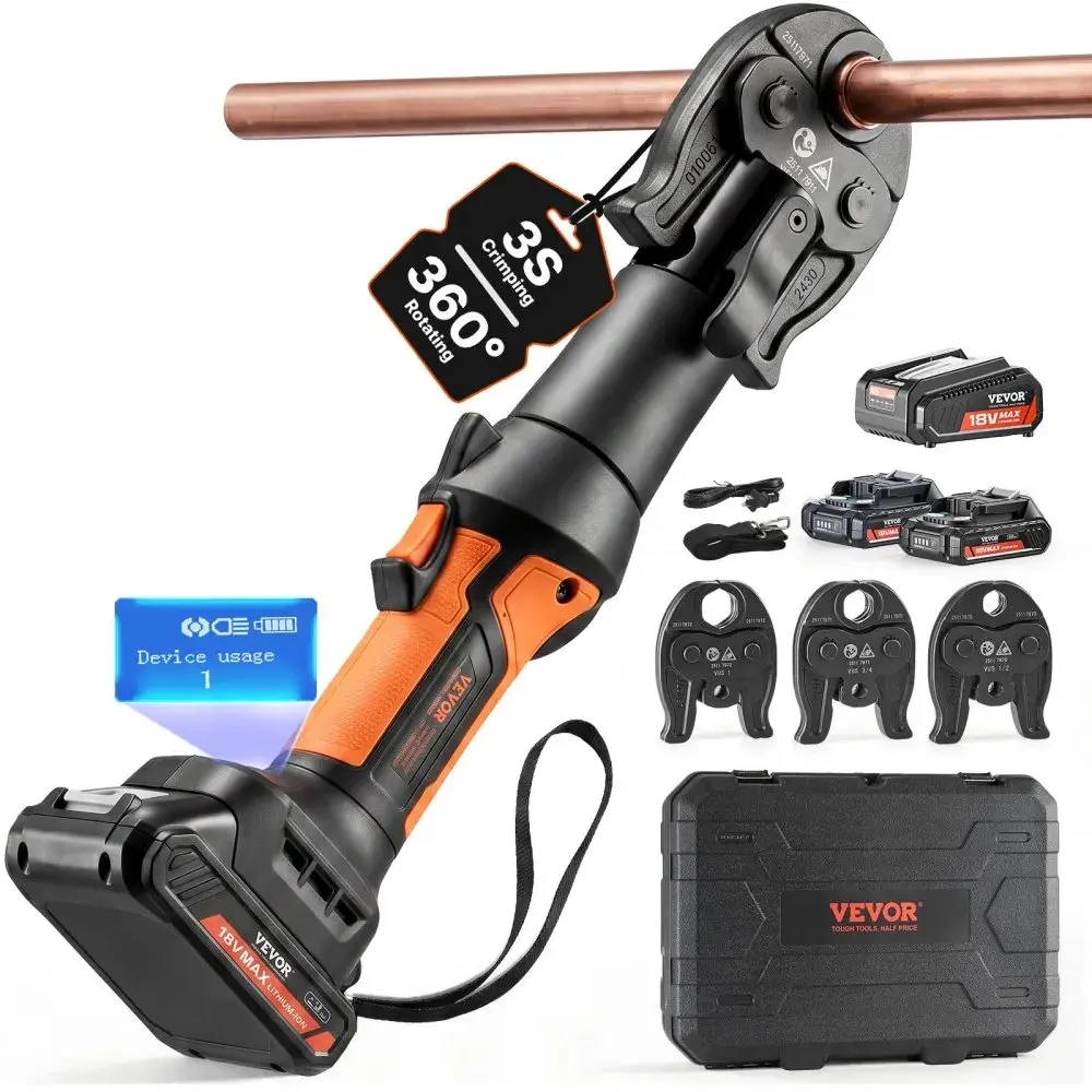 【BackToSchool】Deals VEVOR Press Tool, 18V Electric Pipe Crimping Tool for 1/2”, 3/4”, 1”, 1 1/4", 1 1/2", 2" Copper Pipes, 32KN Press Tool Kit Compatible with ProPress - with Brushless Motor, 6 VUS Jaws, 2pcs 4AH Battery