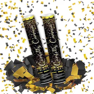 12" Black Gold Confetti Cannon Party Poppers for Birthday Graduation Wedding Retirement New Year Celebrations Easy to Use Pack of 2