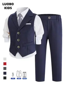 Premium Boys Formal 3-Piece Suit | Lapel Vest + Elastic Waist Pants + Striped Tie | 5 Colors: Red, White, Black, Navy, Gray | Sizes 100-150cm | Slim Fit Ring Bearer Outfit for Weddings & Performances (No Shirt) Classic Sets-20072