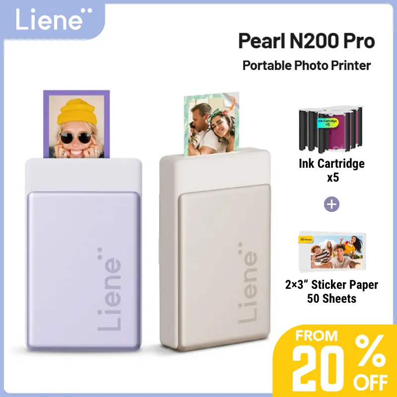 Liene Pearl N200 Pro Portable Photo Printer, Instant Mini Picture Printer for iPhone Smartphone, Thermal Dye Sublimation, Bluetooth Sticker Printer 50 Sheets 2x3 Adhesive Paper & 5 Cartridges, Travel Essentials, Back to School, Home Decor travelessentials