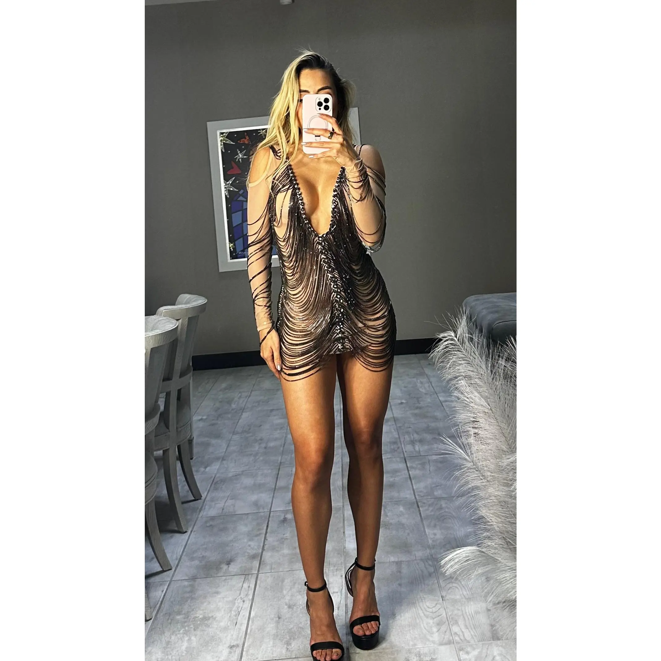 AURORA (BLACK) CRYSTAL FRINGE LONG SLEEVE MINI DRESS