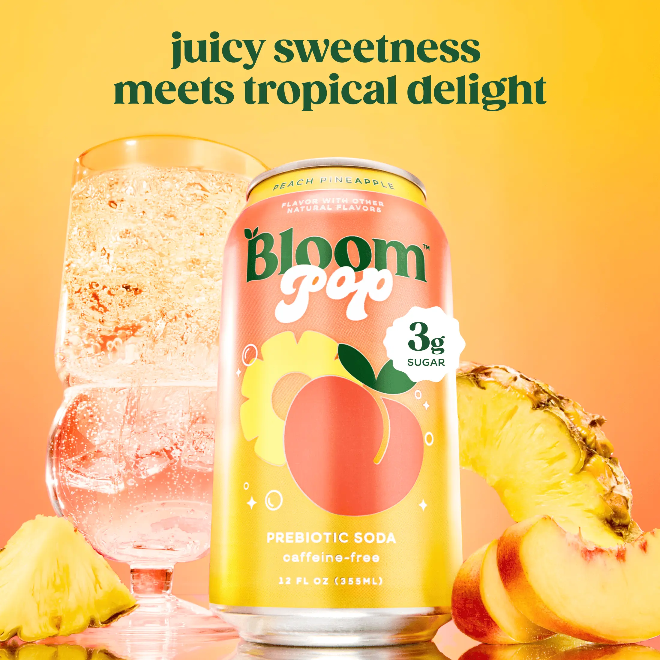 Peach Pineapple - Bloom Pop - Prebiotic Soda 12 Pack, 12oz Cans - Prebiotic Soda for Gut Health, Low Calorie Soda, No Caffeine, Healthy Soft Drink Alternative Beverage Peach Pineapple - Bloom Pop - Prebiotic Soda 12 Pack, 12oz Cans - Prebiotic Soda for Gut Health, Low Calorie Soda, No Caffeine, Healthy Soft Drink Alternative Beverage